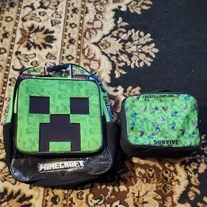 BUNDLE! 16" Minecraft Green Backpack & Lunchbox Set; Black & Green